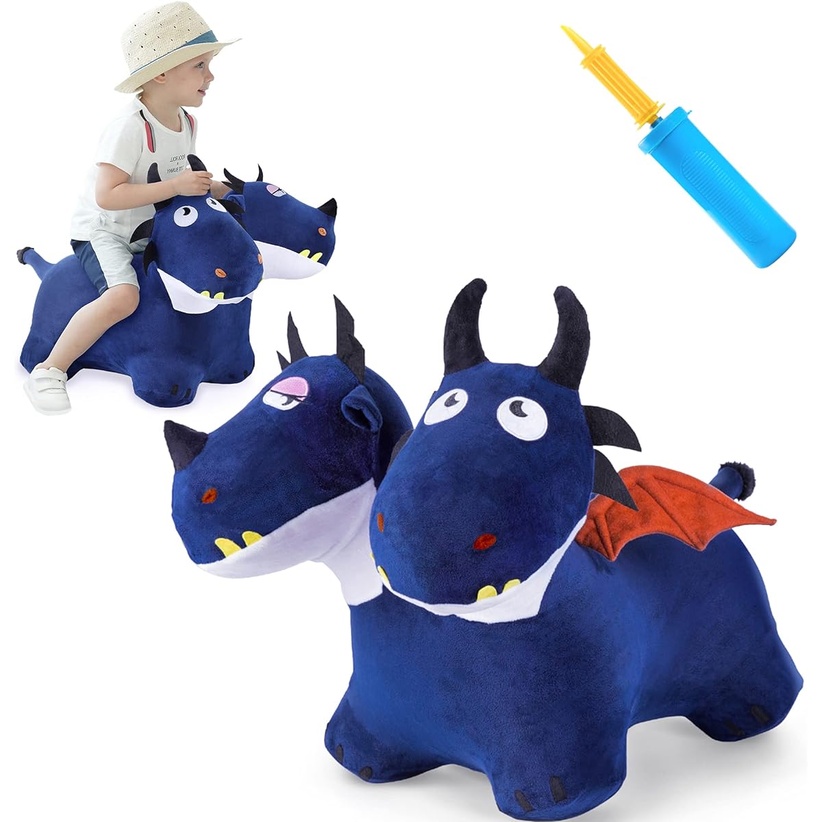 iPlay, iLearn Bouncy Pals Toddler Animal Hopper Toy for Kids, Plush Blue Hopping Horse Ride on Dragon with Pump, Indoor Outdoor Jumper, Birthday Gift for 18 24 Months 2 3 4 Years Old Boys Girls