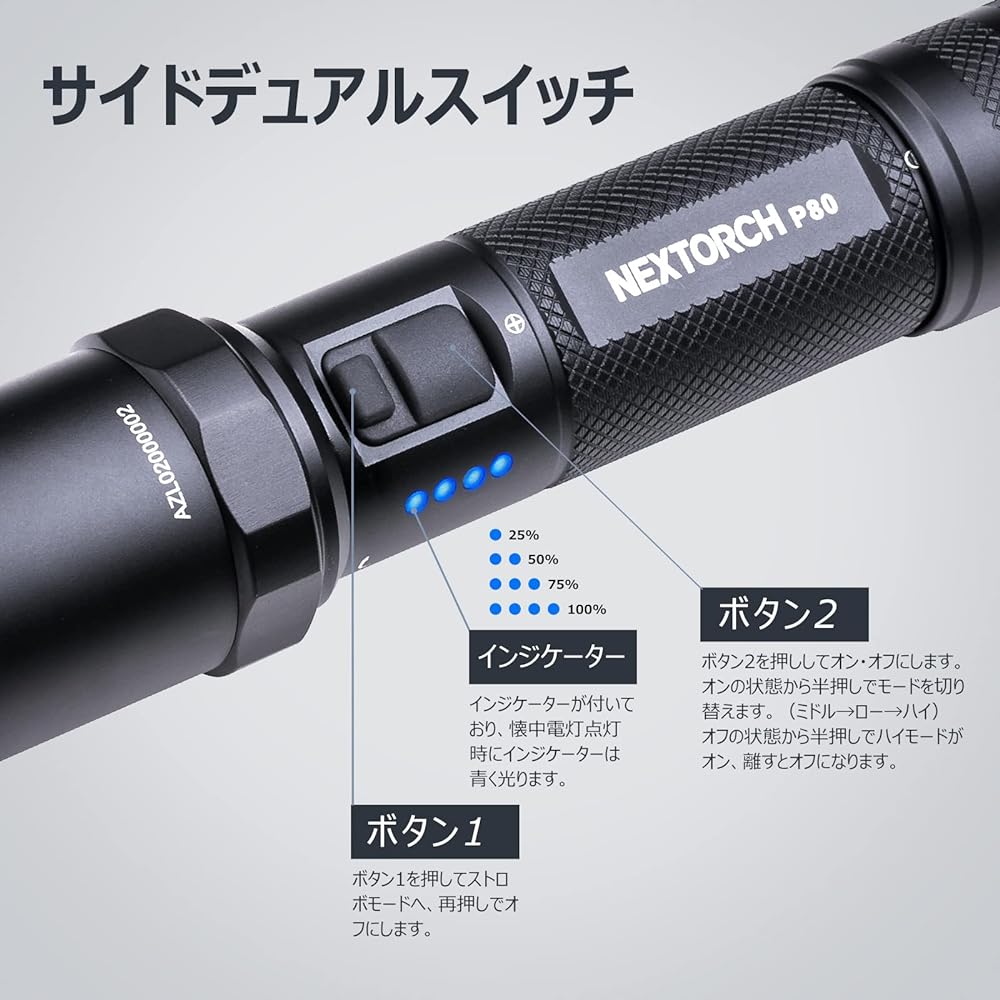 NEXTORCH P80 Flashlight LED Powerful High Brightness 1300 Lumens Powerful Flashlight Handy Light Security Strongest Type-C USB Rechargeable 5 Dimming Modes Strobe Long Operation IPX7 Waterproof Outdoor Disaster Prevention Power Outage Countermeasure Emer