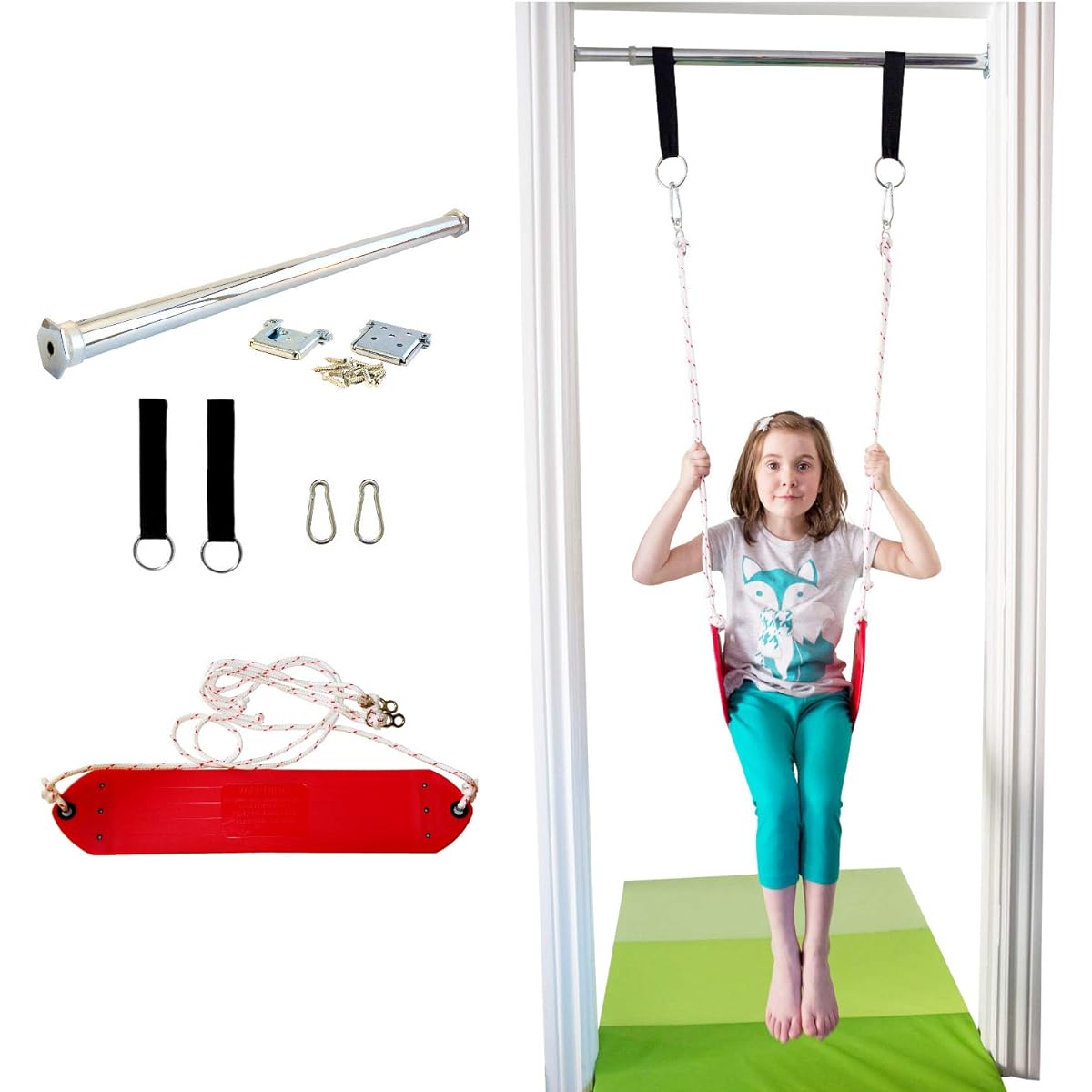 DreamGYM Porch Swing Set - Children's Indoor Swing Red Classic Rope Swing
