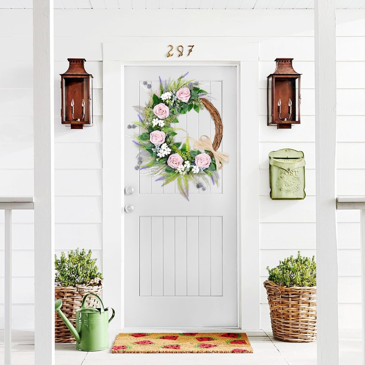 TechKen 24" Spring Artificial Rose Flower Wreath for Front Door, Pink Rose Main Purple Leaf Lavender & Bow Wreath for Mother's Day Wedding Gift, Wreath for Wall Home Decoration