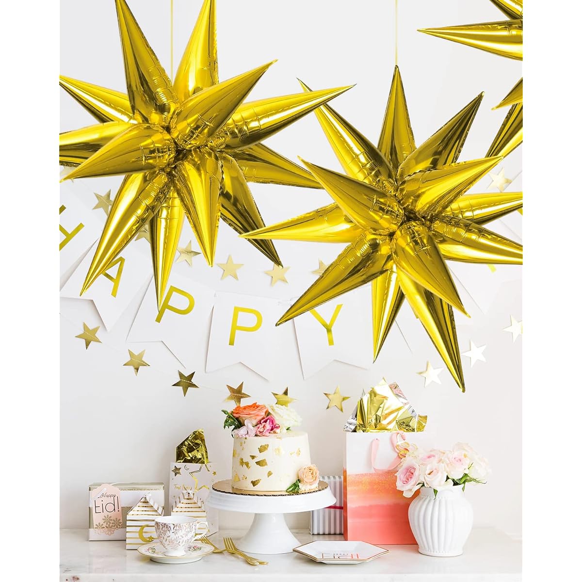 Simnuply 50 Pieces Gold Star Balloons Explosion Starburst Balloons Foil Balloons 12 Points Metallic Balloons Birthday Decorations Party Supplies Baby Shower Wedding Graduation Decorations