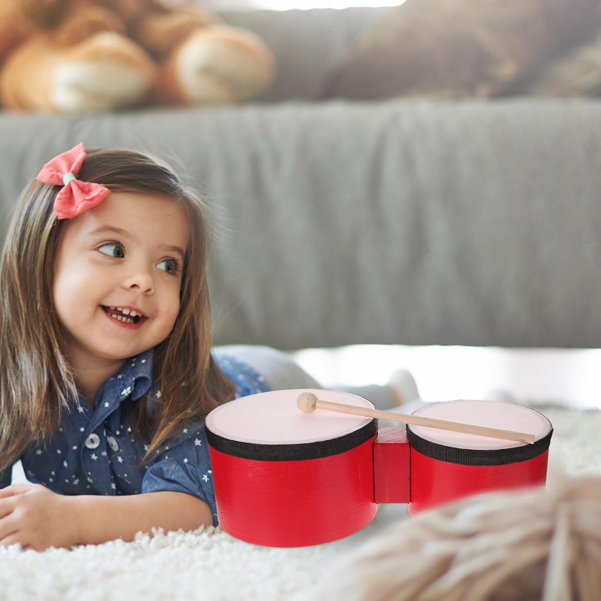 Orff Bongo Drums Set of 4 Wooden Bongo Drums for Adults Beginners Double Drum Head Tambourine with 2 Mallets Ages 9-12 Years Kids