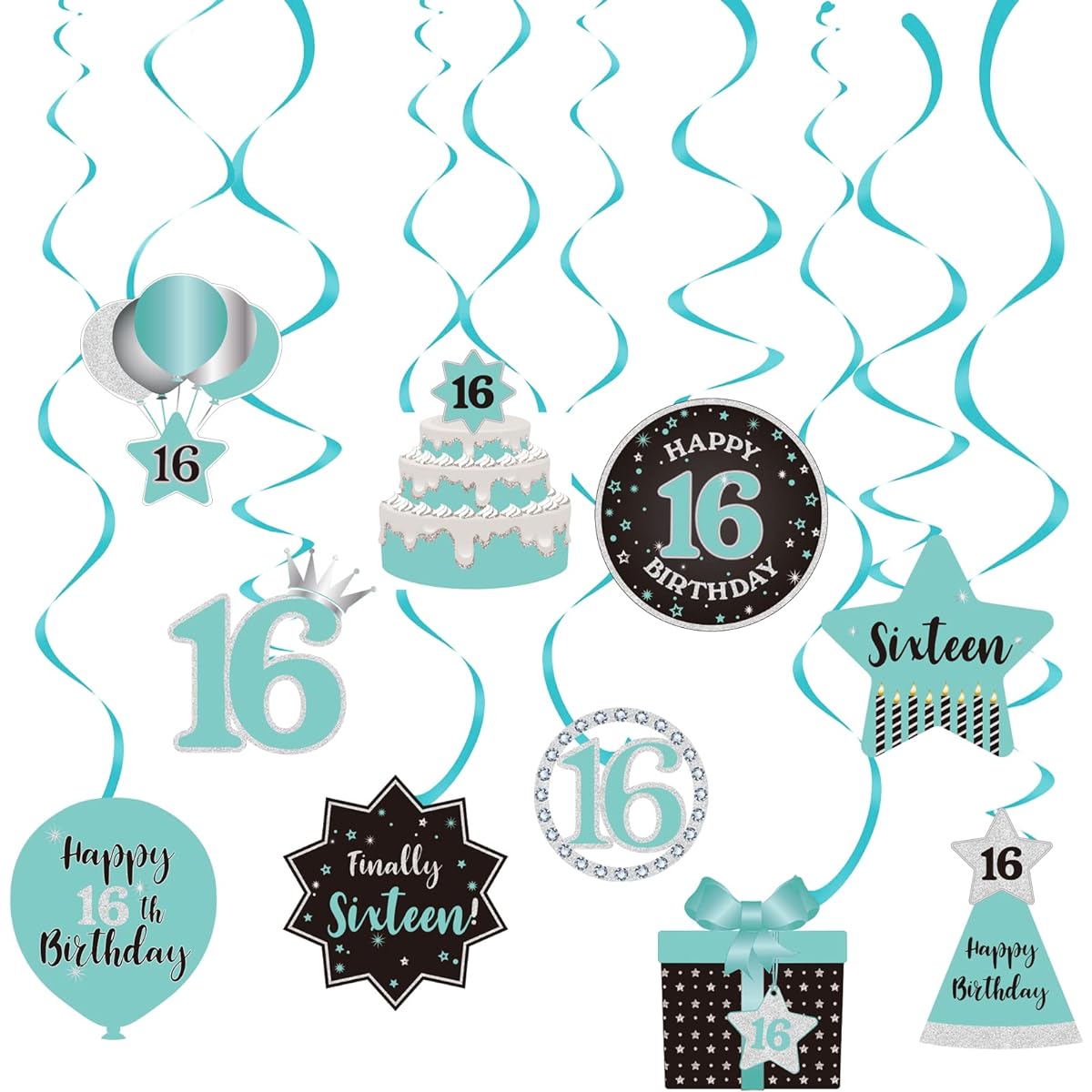 Happy 16th Birthday Party Hanging Swirls Stream Ceiling Decor Celebration Sweet 16 Foil Hanging Swirls with Cutouts for 16 Year Olds Teal Silver Black Blue Birthday Party Decorations Supplies