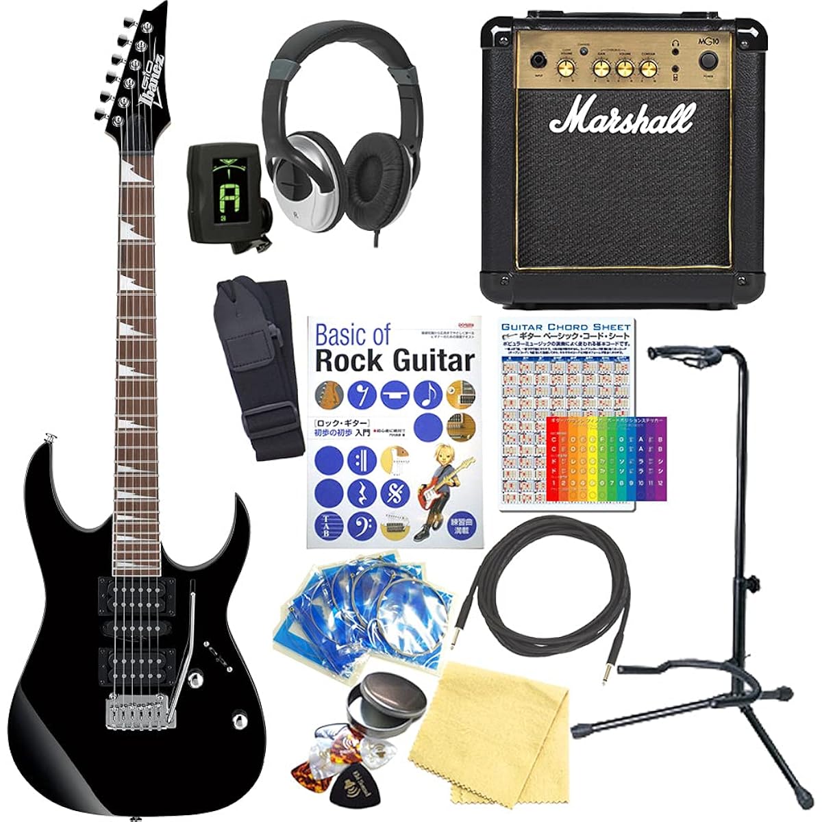 Ibanez GRG170DX BKN Electric Guitar with Marshall Amplifier, Beginner's 15-piece Set
