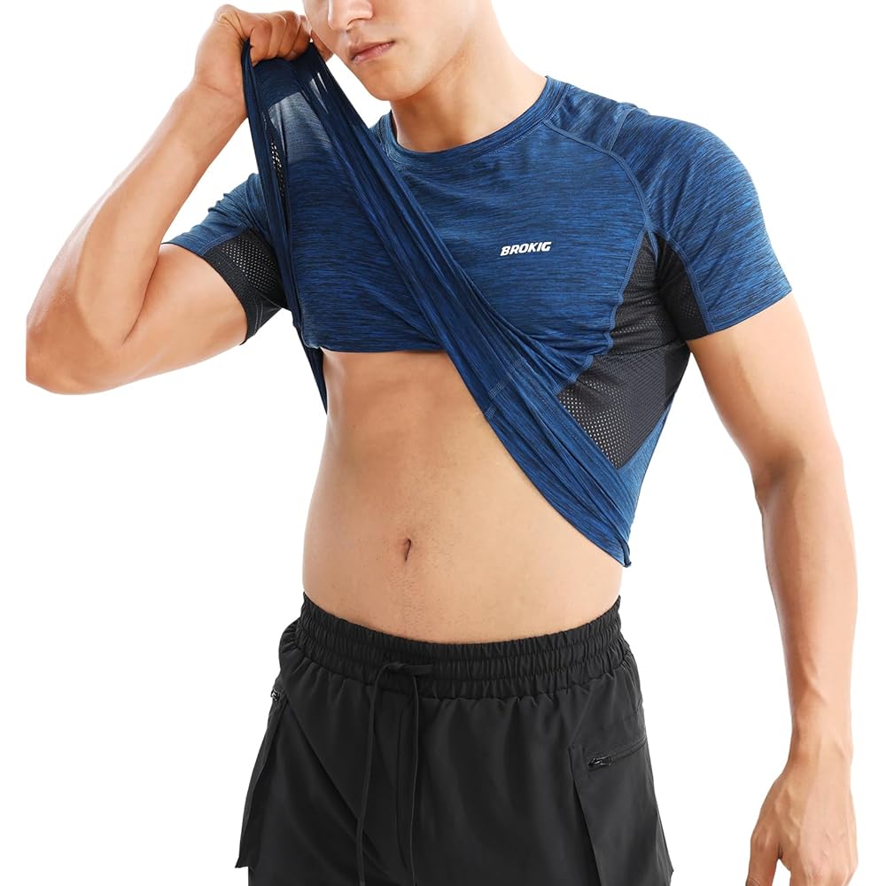 [BROKIG] Training Short Sleeve T-Shirt, Men's [Breathable, Sweat Absorbent, Quick Drying, Cool Feeling] Gym T-Shirt, Mesh Sports Shirt, Training Wear, Fitness, Stretch, Muscle Training Shirt