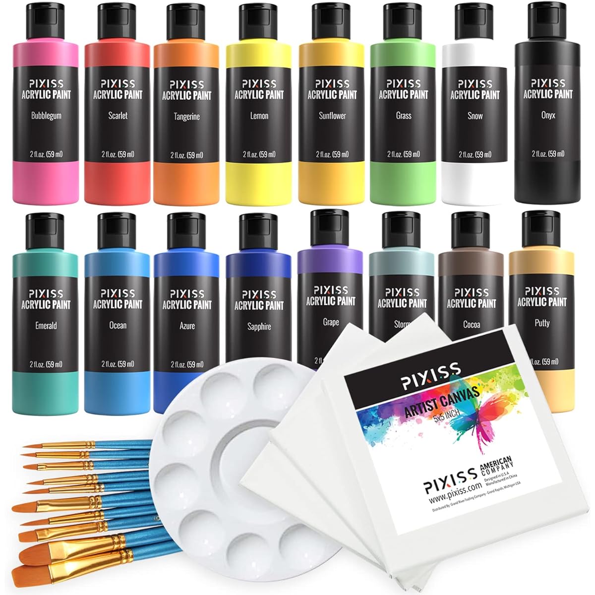 Pixiss Acrylic Paints, 16-Piece Set (59ml/2 fl oz), Paint Brushes, 10-Piece Set, 5x5 Inch Canvas, 3 Pack - Art Supplies Paint Set for Casual Artists, Perfect for Canvas Painting