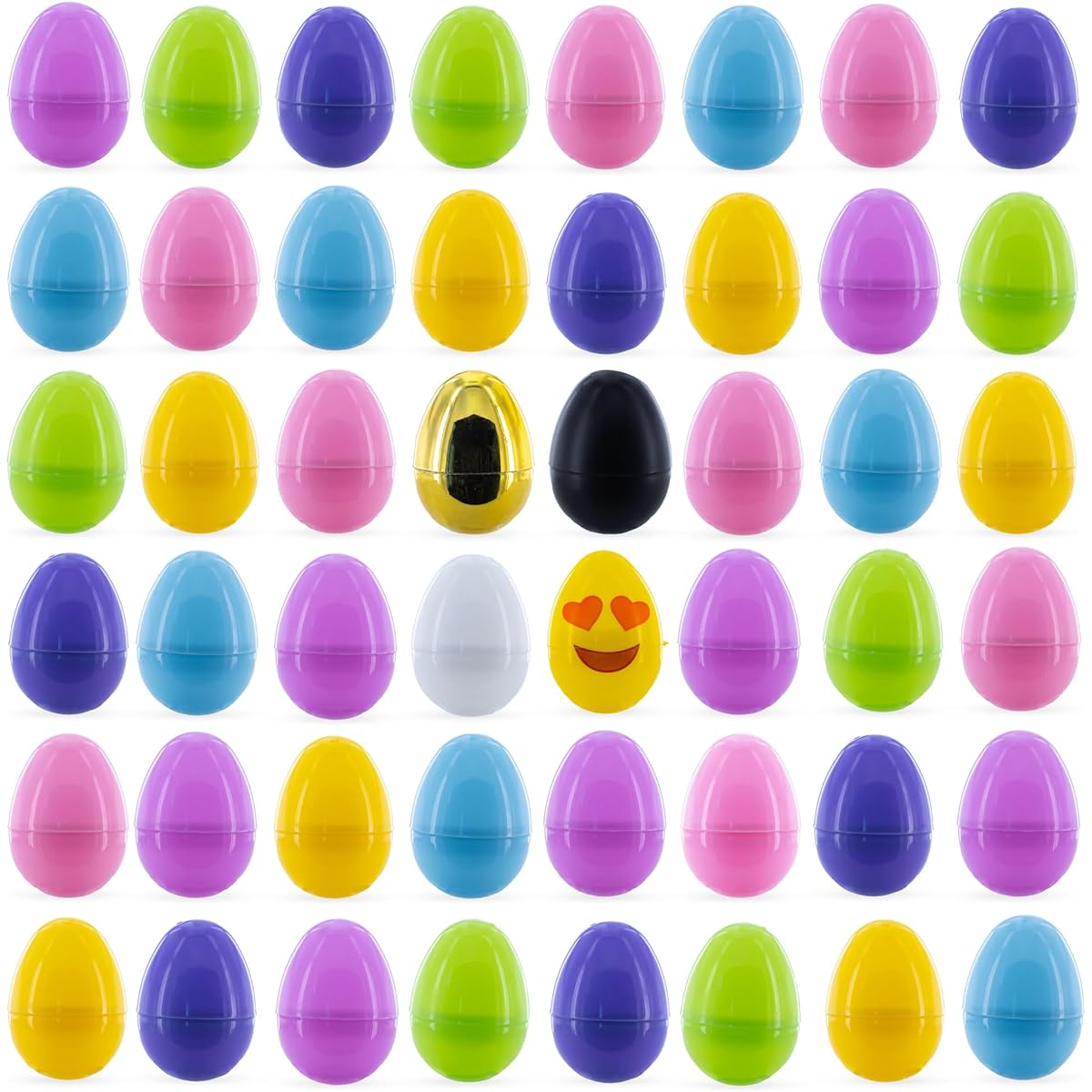 Set of 48 Plastic Easter Eggs Pastel Gold White Black Emoji 2.25"