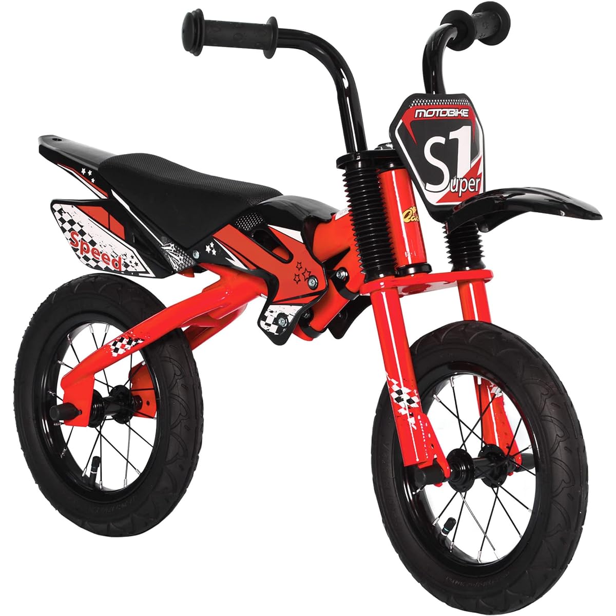 Qaba Kids Balance Bike Motor Bike Style Pedalless Training Bicycle with Soft Grip Handle Inflatable Rubber Tires PU Seat for Ages 3-6 Years Red