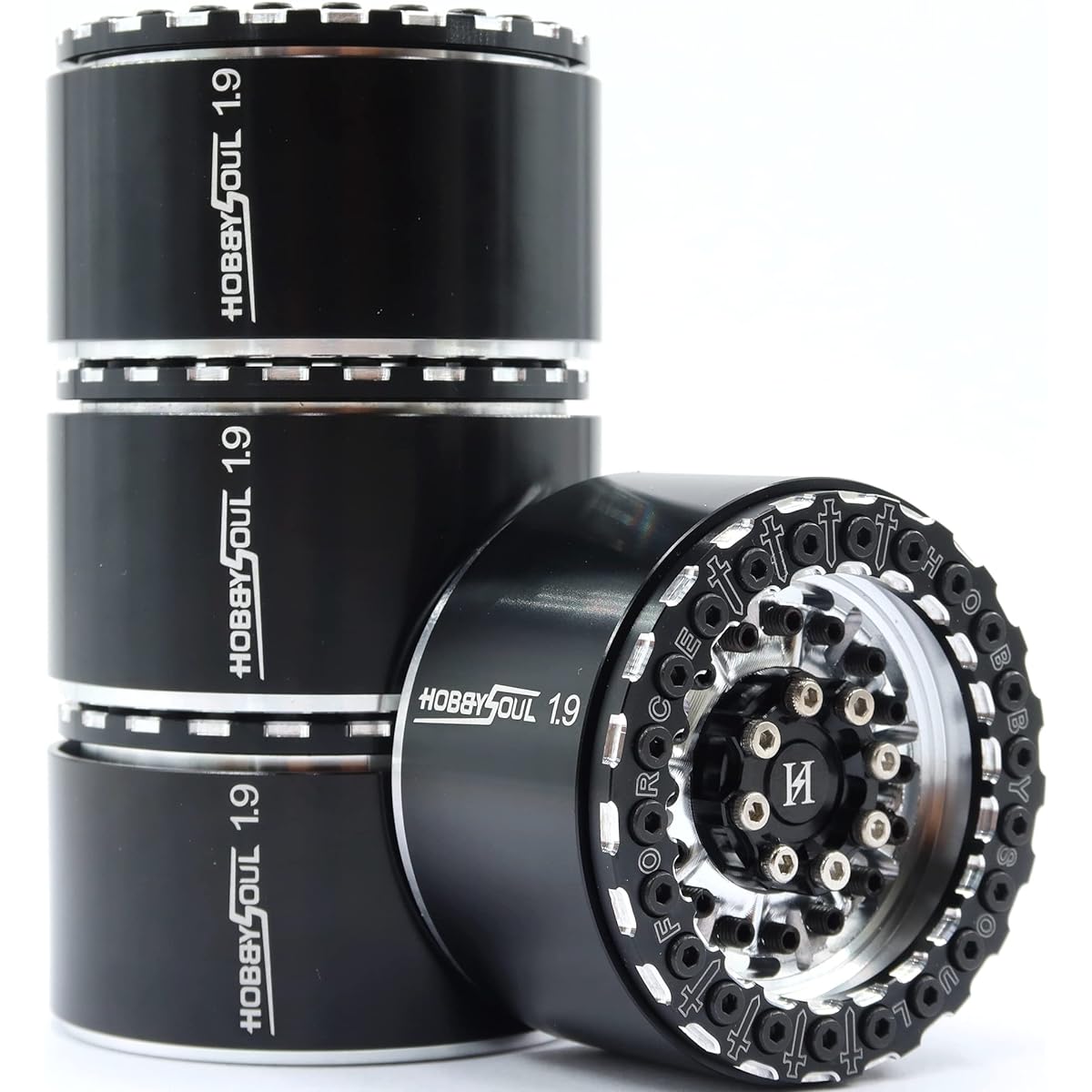 HOBBYSOUL RC Wide 32mm 1.9 Aluminum Beadlock Wheels 1.9 Rim Hex 12mm Silver Black for 1/10 Crawler Truck Traxxas TRX-4 / RC4WD D90 D110 TF2 / Tamiay CC01 / Axial SCX10 / Redcat Gen8 (4 Pack)