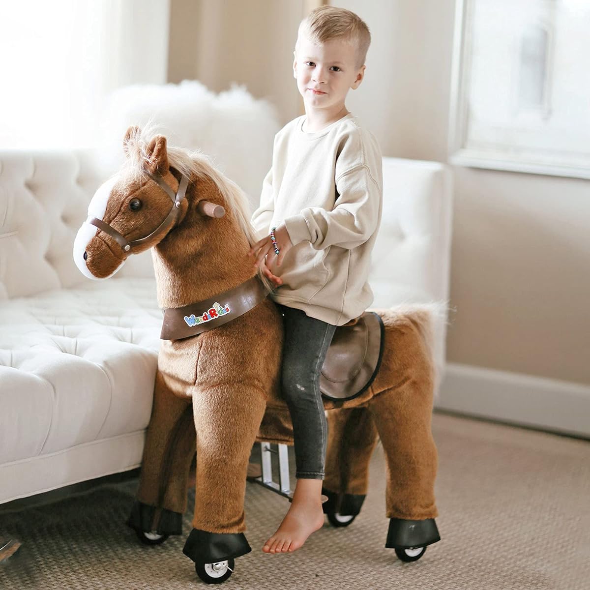 WondeRides Riding Toys, Horseback Riding Toys for Kids (Small Size 3, 30.1" Tall) for Ages 3-5, Pony Ride Plush Stroll Animal Mechanical Riding with Wheels, No Batteries or Electricity Required