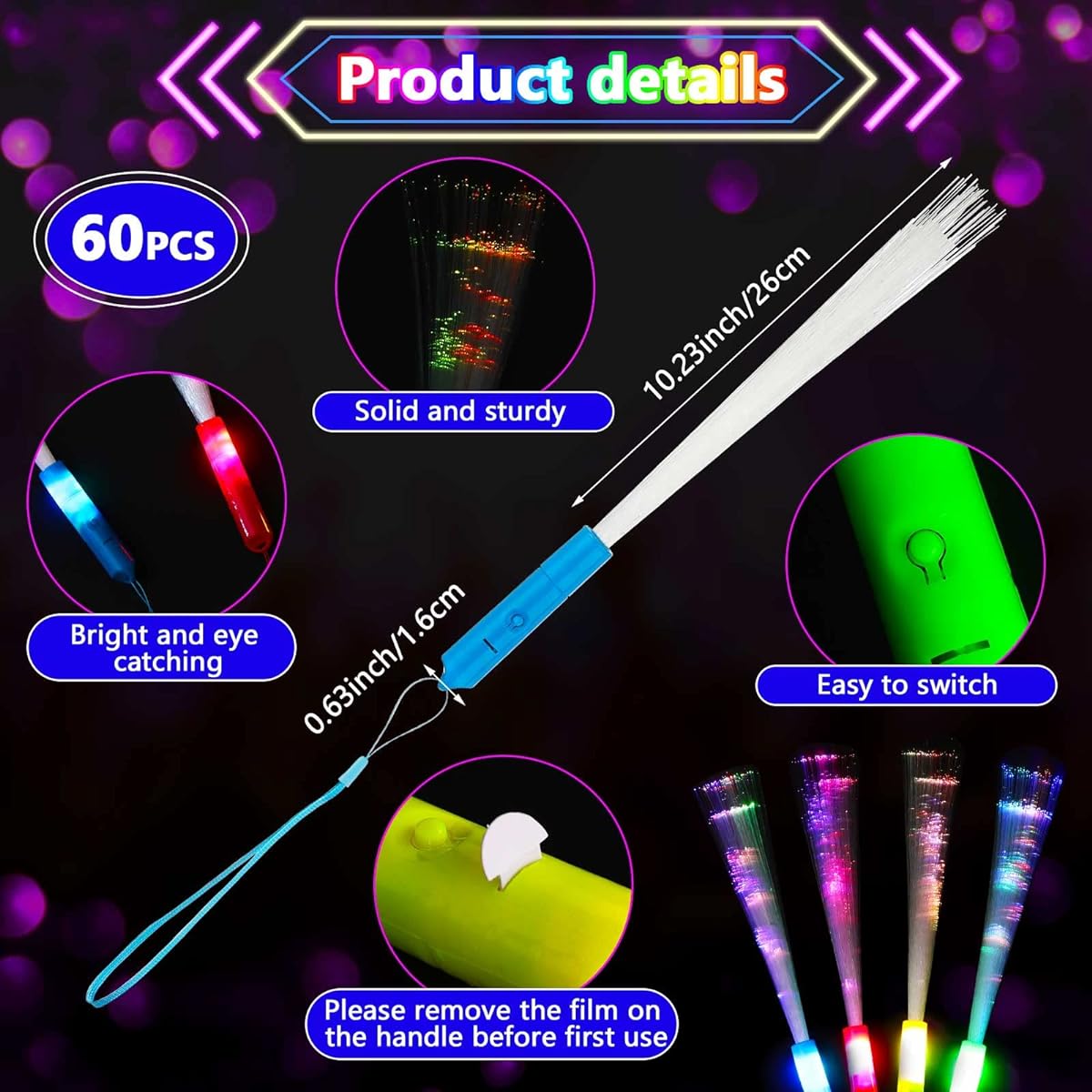 Fiber Optic Wands Glow Bracelet Party Pack 100 Pieces LED Light Up Fiber Optic Wands 40 Pieces Glow in the Dark Bracelet for Carnival Birthday Wedding Dance Nightclub Rave Bachelorette Neon Halloween Party