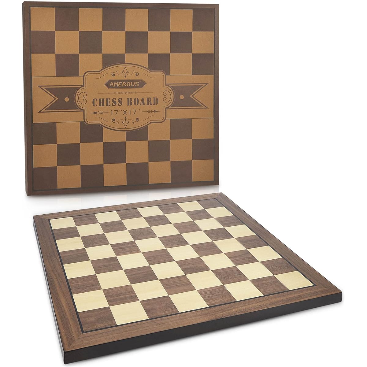 AMEROUS 17" Wooden Chess Board Only, Professional Tournament Chess Board Large Size with Gift Package - Chess Rules, Chess Board Game for Beginners, for Kids, Adults