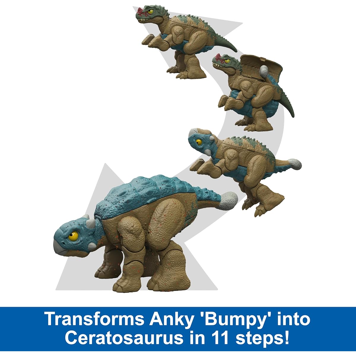 Mattel Jurassic World Ankylosaurus Bumpy to Ceratosaurus Dinosaur Transformation Toy 11 Steps Double Danger 2in1 Toy Super Changer, HVB18