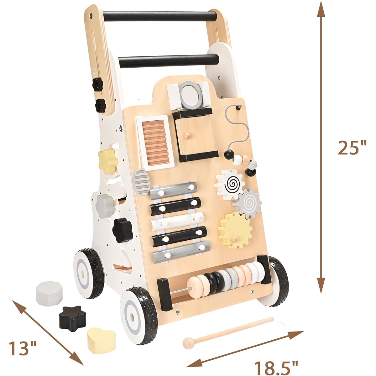 MARKVILLE Wooden Baby Walker with Wheels, Adjustable Baby Activity Center Walker, Push & Pull Toy, Learning Walker for Baby Boys Girls, Natural Wood, Toddler Toy, Baby Gift, Motor Skill Development