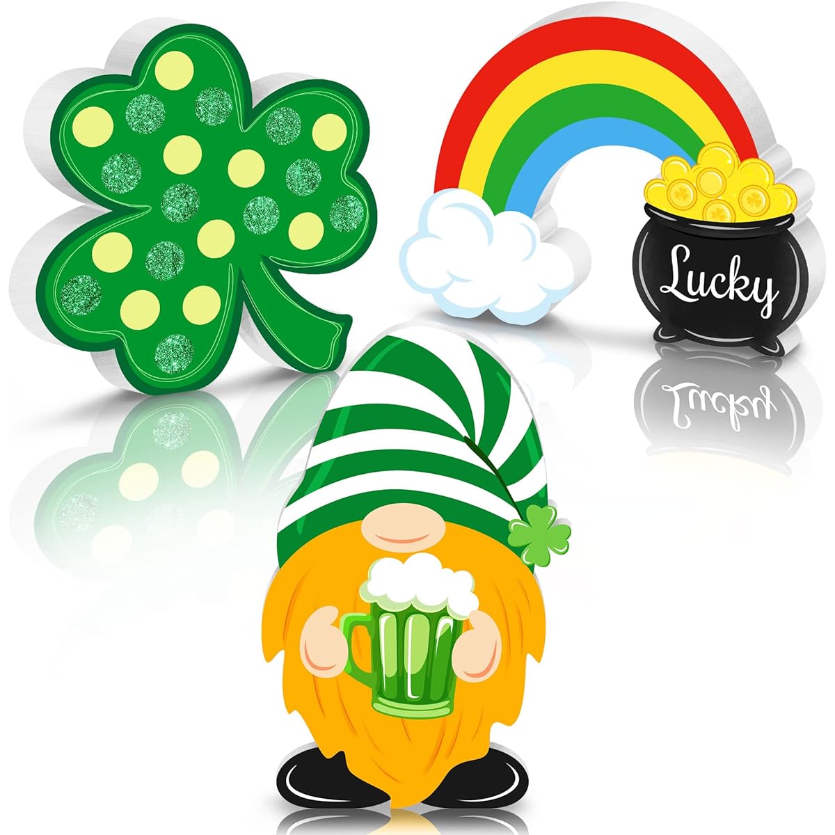 St. Patrick's Day Table Sign Wooden Shamrock Rainbow Gnome Wood Sign Table Top Decor Irish Theme Freestanding Lucky Table Centerpiece Fireplace Tiered Tray for Home Office