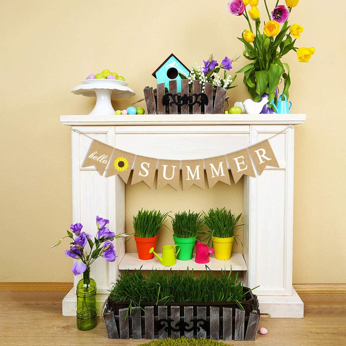 Rainlemon Burlap Hello Summer Banner with Sunflowers for Summer Party Mantel Fireplace Decor