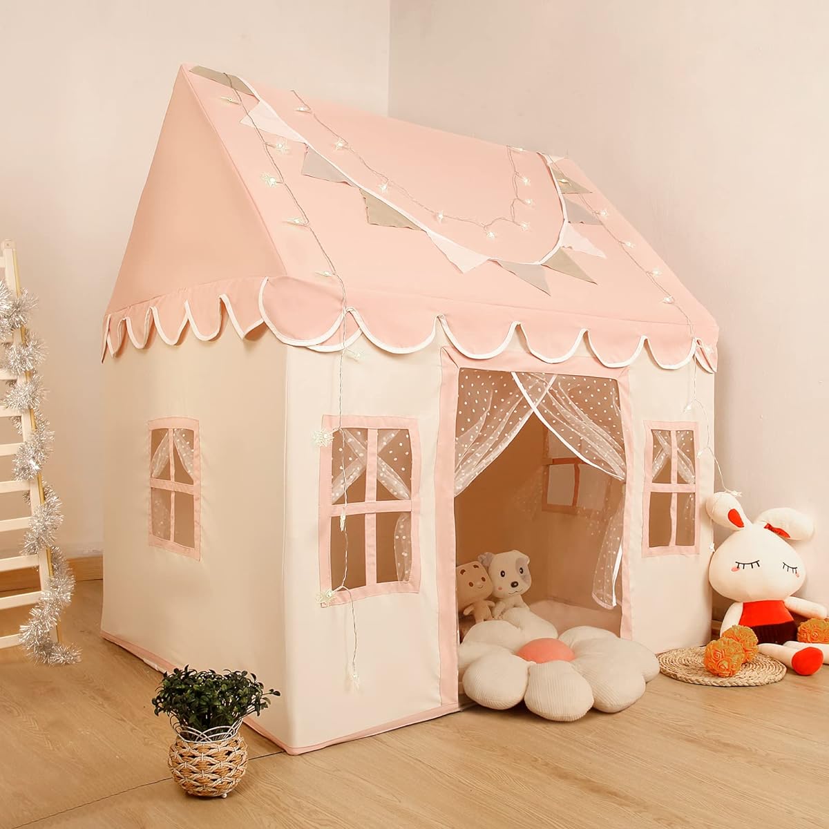 Kids Play Tent with Non-Slip Mat, Starlight Decorative Flags, Dot Curtains, Playhouse with 4 Windows, Machine Washable, Indoor Outdoor Play Tent for Kids Girls, Pink, 47" x 40" x 52"