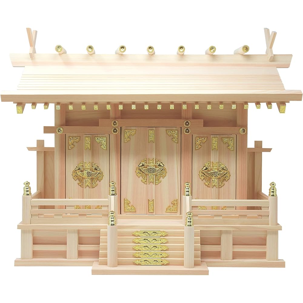 Matsuyama Shinto Buddhist Altar Shinto Altar, Three Shrines with Through Roof, Small Shinto Altar Set, Cloud Sticker Included, Made in Japan, Made in Japan, Hinoki Cypress, Width 54cm, Height 40cm, Depth 21.5cm