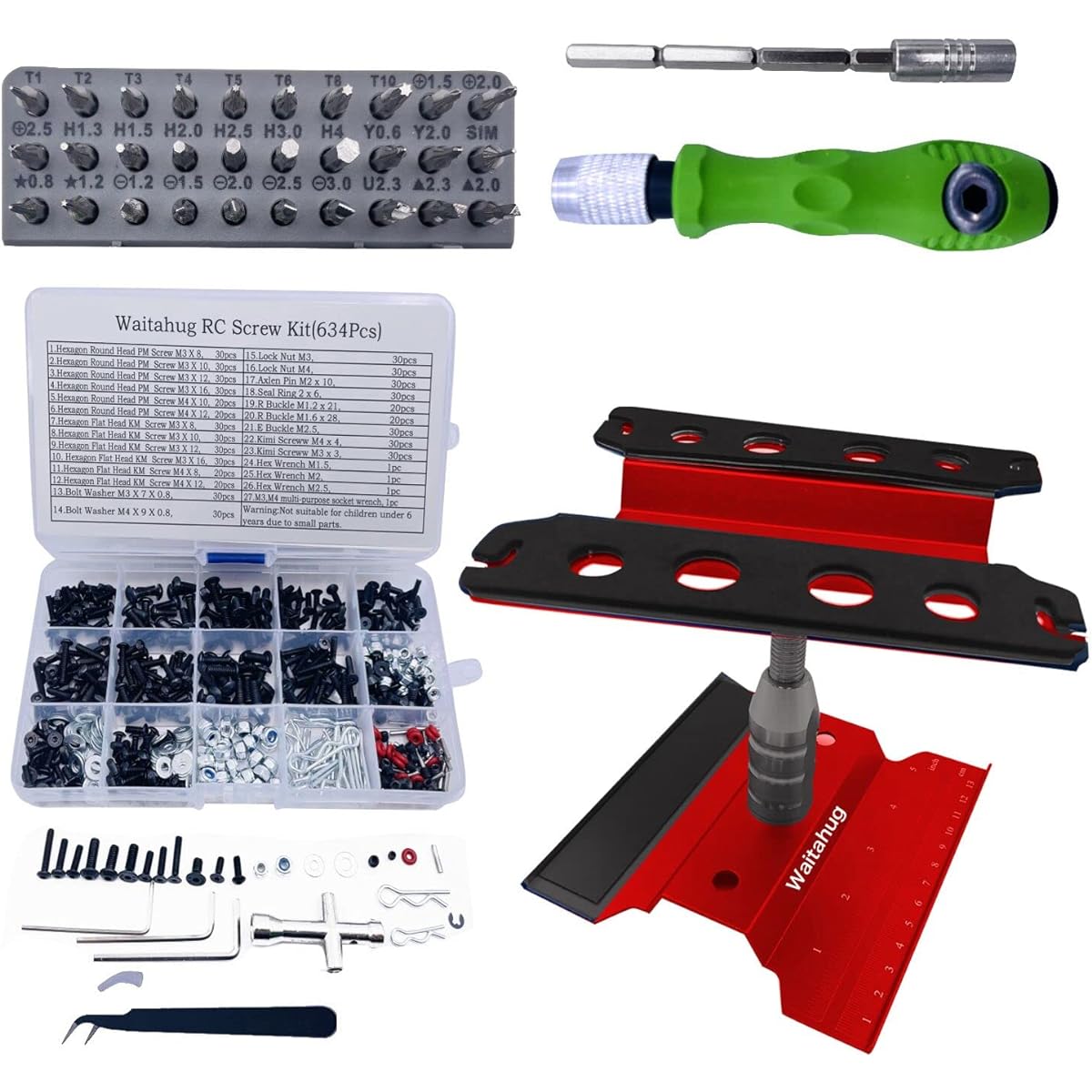RC Car Repair Tool Set - 634pcs Screw Kit, 360 Degree Rotation, Height Adjustable Repair Work Bench, 32pcs Screwdriver Set for 1/16 1/12 1/10 1/8 Truck Truck Buggy Traxxas TRX4 Redcat Axial RC4WD HPI Losi (Red)