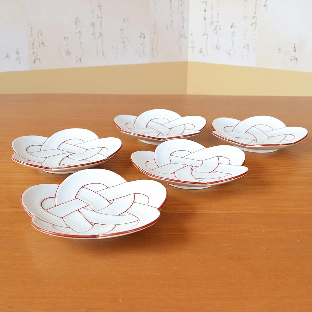 New Year Tableware, Japanese Tableware, Plate, 15cm, Lucky Charm, Arita Ware, Plum Musubi, Red, Vermillion Line, Medium Plate, Set of 5, Presentation Box
