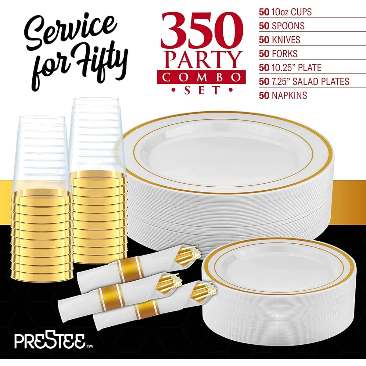 350 Piece Gold Dinnerware Set - Serves 50 - Disposable Gold Dinnerware Set - 100 Gold Rimmed Plastic Plates - 50 Pre-Rolled Linen Look Napkins with Spoons, Forks, and Knives - 50 Gold 10oz Plastic Cups