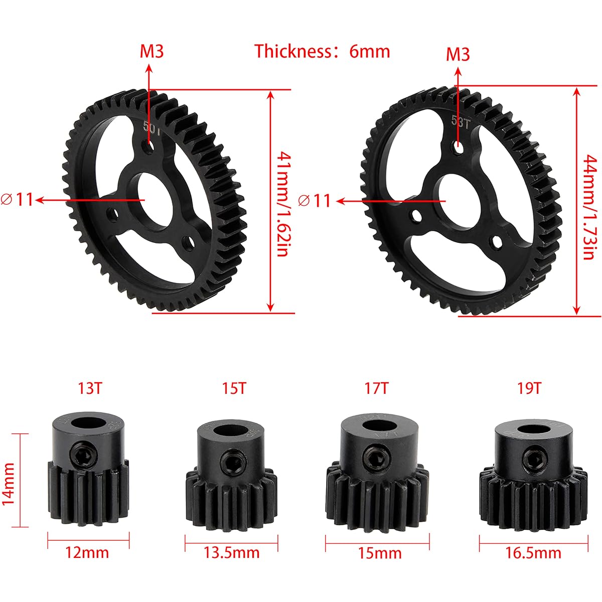 DKKY 6pcs 32P M0.8 Metal Hardened Steel Gear 53T 50T Spur Gear 13T 15T 17T 19T Pinion Gear Set TRX4 1/10 Slash 4x4/VXL/Stampede 4x4/VXL/Rustler 4X4/VXL/Summit/T-Maxx #3956