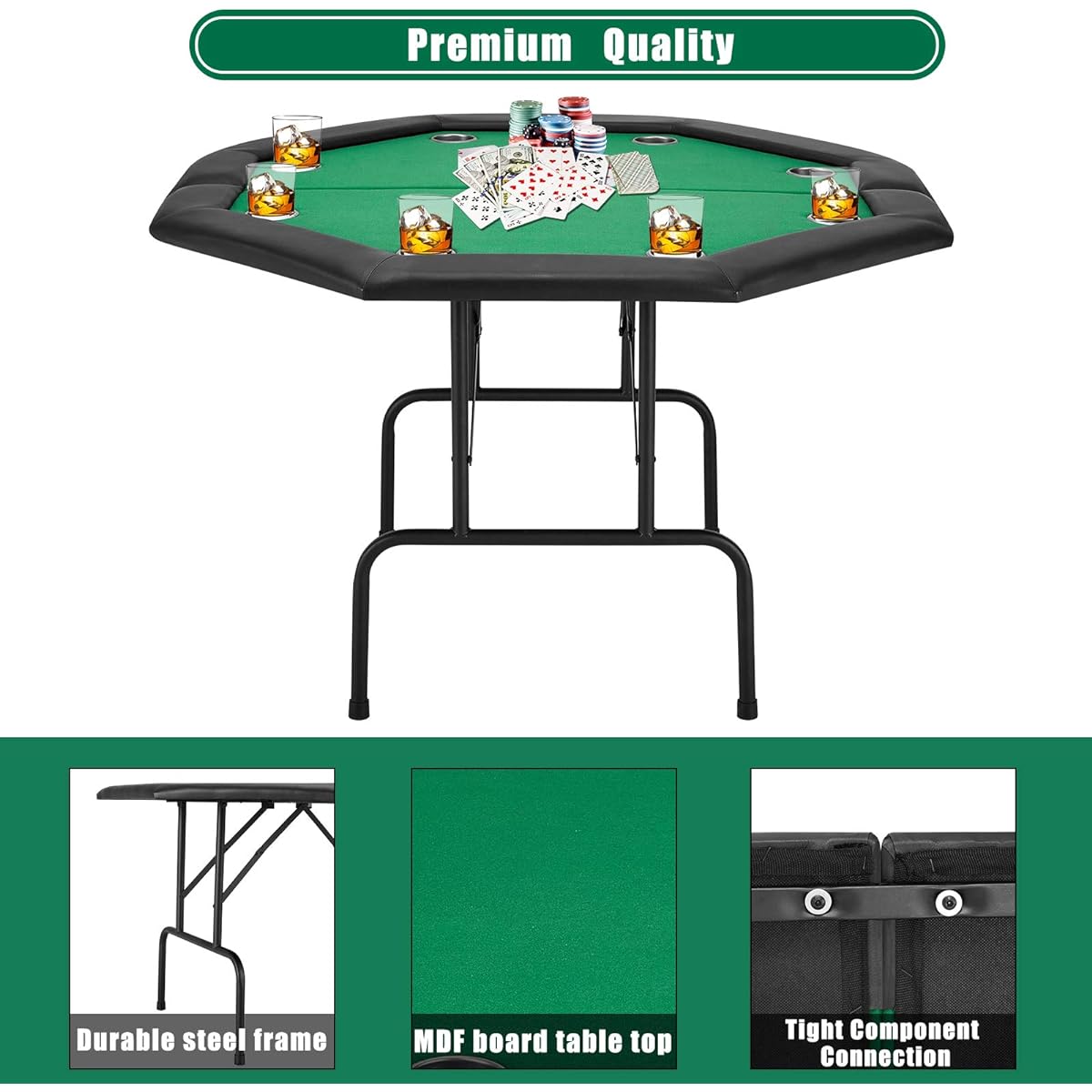 ECOTOUGE Poker Game Table with Stainless Steel Cup Holder Legs for 8 Players Octagonal Casino Leisure Table Top Texas Hold'em Poker Table Green Felt