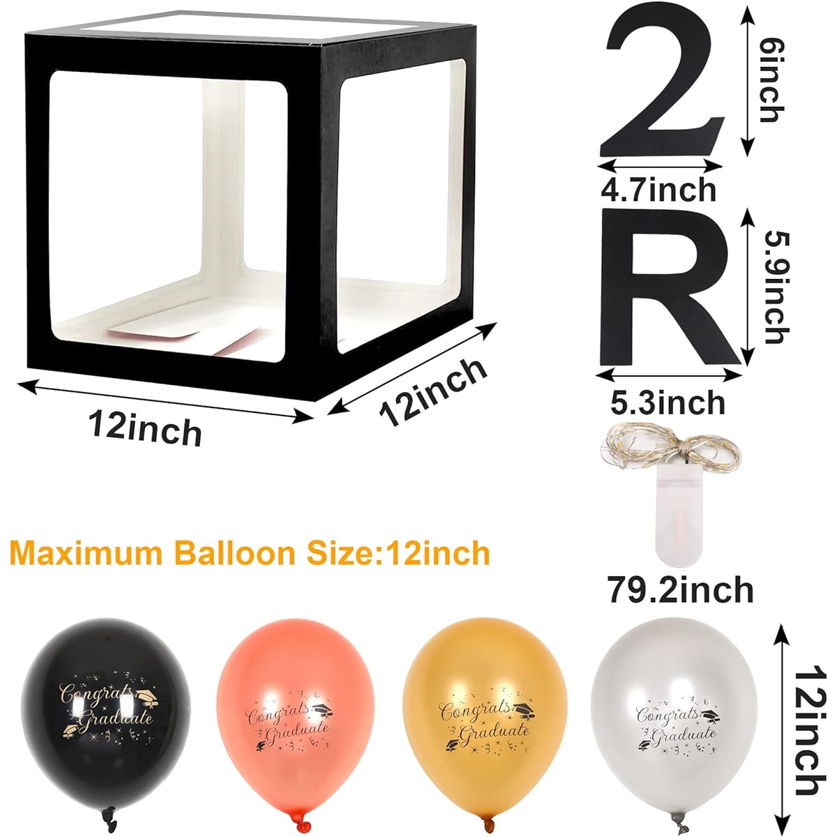 Graduation Box Decorations 4 Pieces 2022 Graduation Balloon Box with Letters "Graduation" "2023" 24 Balloons and 4 Light Strings for 2022 Graduation Party Decorations
