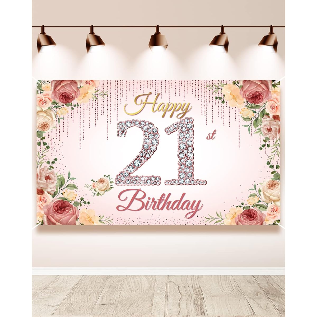 HTDZZI 21st Birthday Decorations for Her Rose Gold Happy 21st Birthday Backdrop Banner Pink Floral 21st Birthday Party Photo Booth Props Outdoor Indoor Fabric 6ft x 3ft