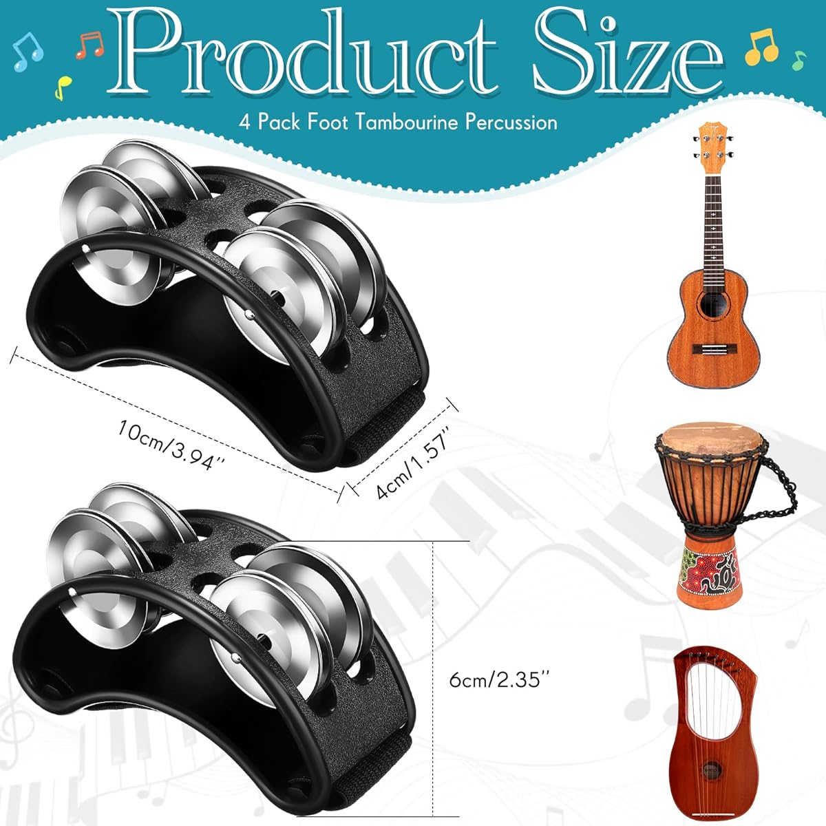 Lukmaa 4 Pieces Foot Tambourine Percussion Musical Instrument Guitar Drum Foot Tapping Tambourine Christmas Metal Bell Rubber Strap Foot Percussion Shaker Adult Drum Kit Accessories