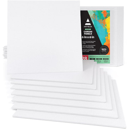 (6x6" Pack of 28) - Arteza Painting Canvas Panels, 6x6, Pack of 28, Primed White, 100% Cotton with Recycled Board Core, for Acrylic, Oil, Other Wet Or Dry Art Media, for Artists, Hobby Painters, Kids