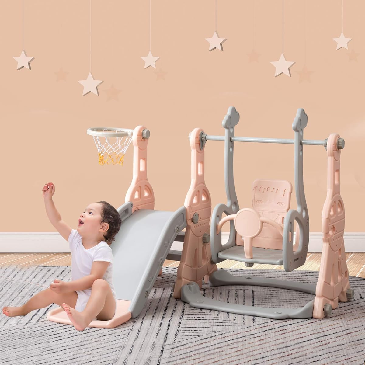 Children's Slide Swing Indoor Slide Children's Slide Load Capacity 40kg Stable Slide Long Indoor Playground Kids Children Toddlers Birthday Present Christmas Gift Christmas Celebration Toy (Pink)