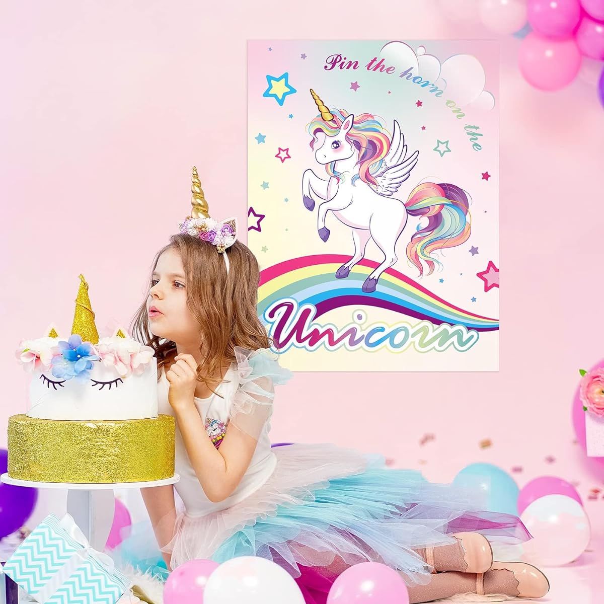 Pin the Horn on the Unicorn Game - 21" x 71.1 cm Rainbow Unicorn Party Activity for Girls Unicorn Birthday Party Supplies Wall Homeroom Decorations