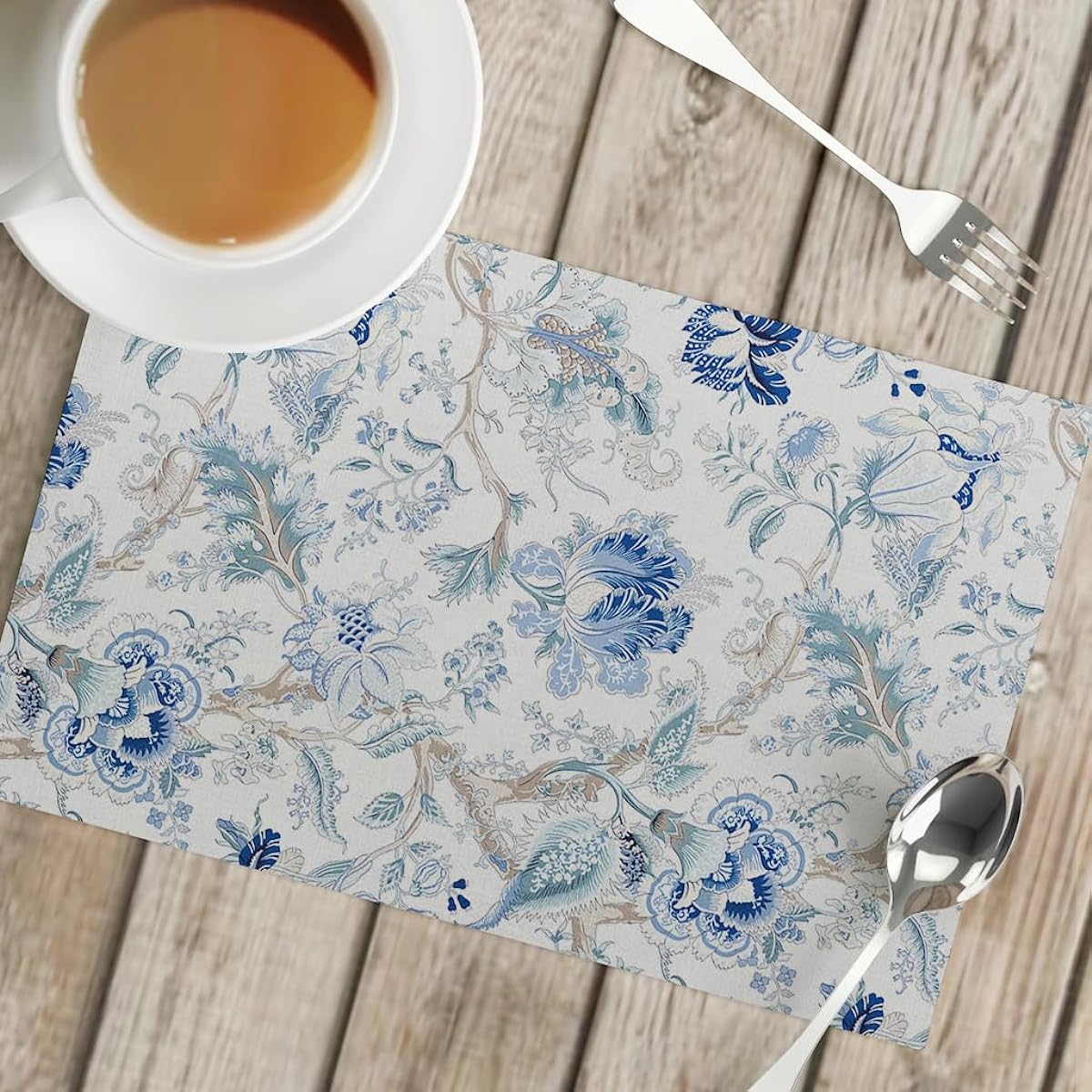 Snycler Blue White Birds Flower Table Runner Chinoiserie Table Runner Modern Elegant Pom Pom Farmhouse Geometric Table Center Linen Decor for Home Dining Party Entryway (12 x 18 Inch, Set of 4)