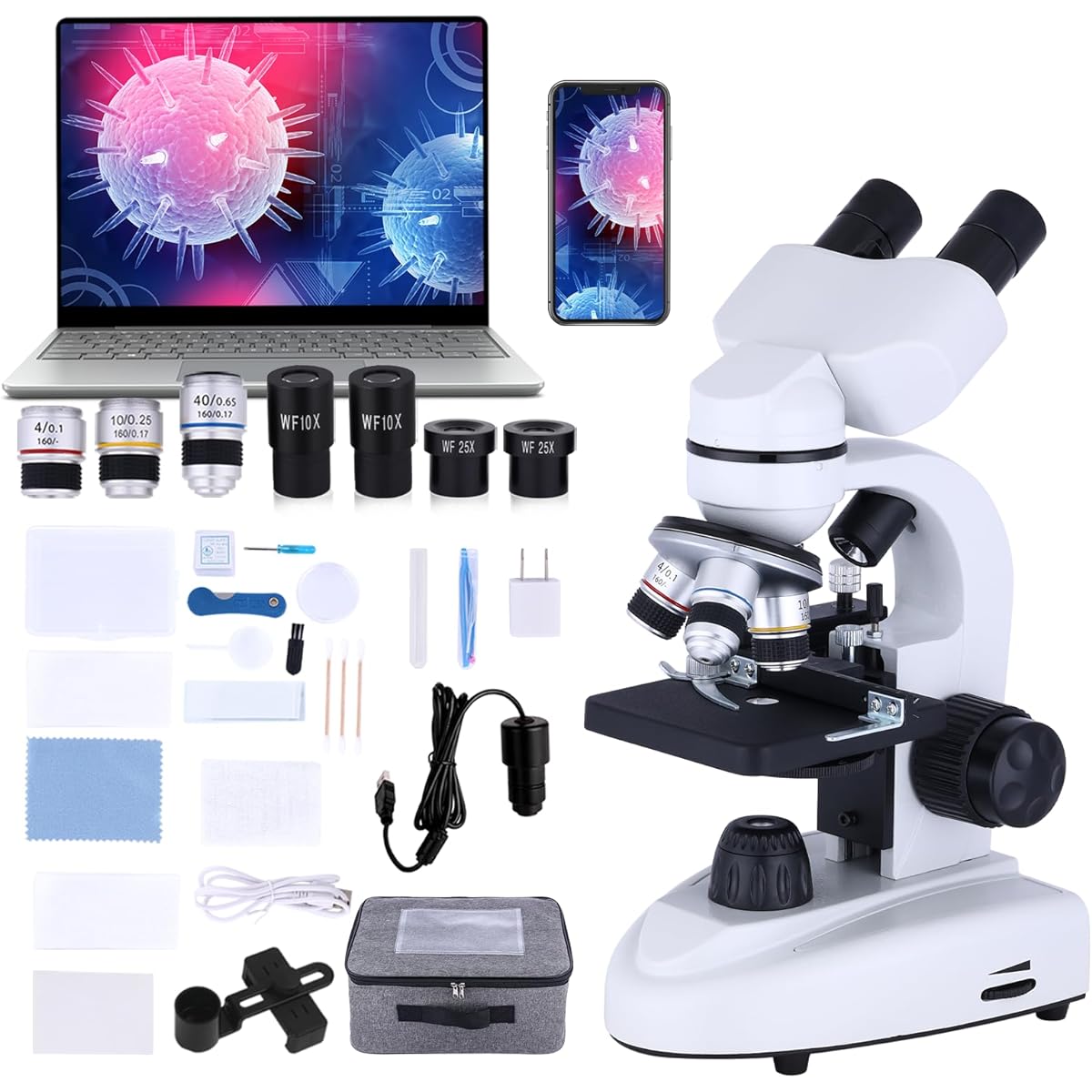 Misoterm Compound Binocular Microscope 40X - 2000x Dual LED Illumination Microscope XY Axis Loading Stage Mobile Caliper Stereo Microscope for Students and Adults