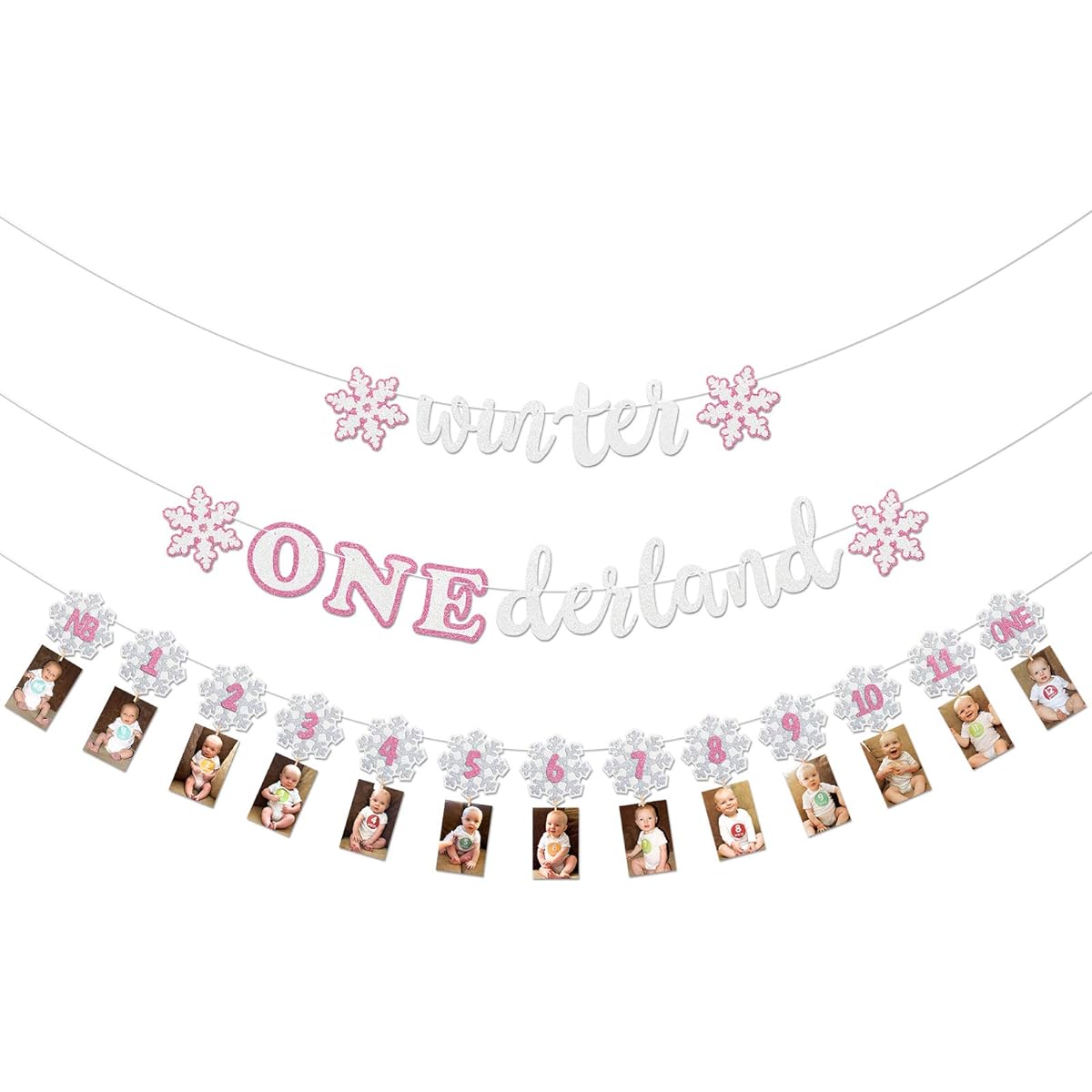 Winter First Birthday Decorations Kit, Winter Onederland Banner Snowflake Photo Banner Winter Baby Girl 1st Birthday Pink & White Cake Smash Milestone Party Supplies