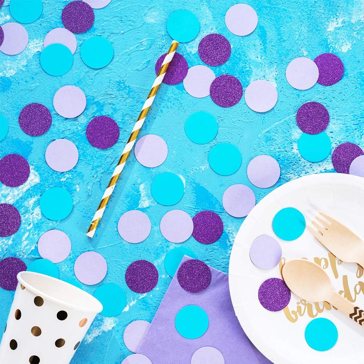 MOWO Confetti Circle Dot Table Wedding Birthday Mermaid Party Decorations 1.2" Diameter (Turquoise Blue Lavender Purple 200 Pieces)