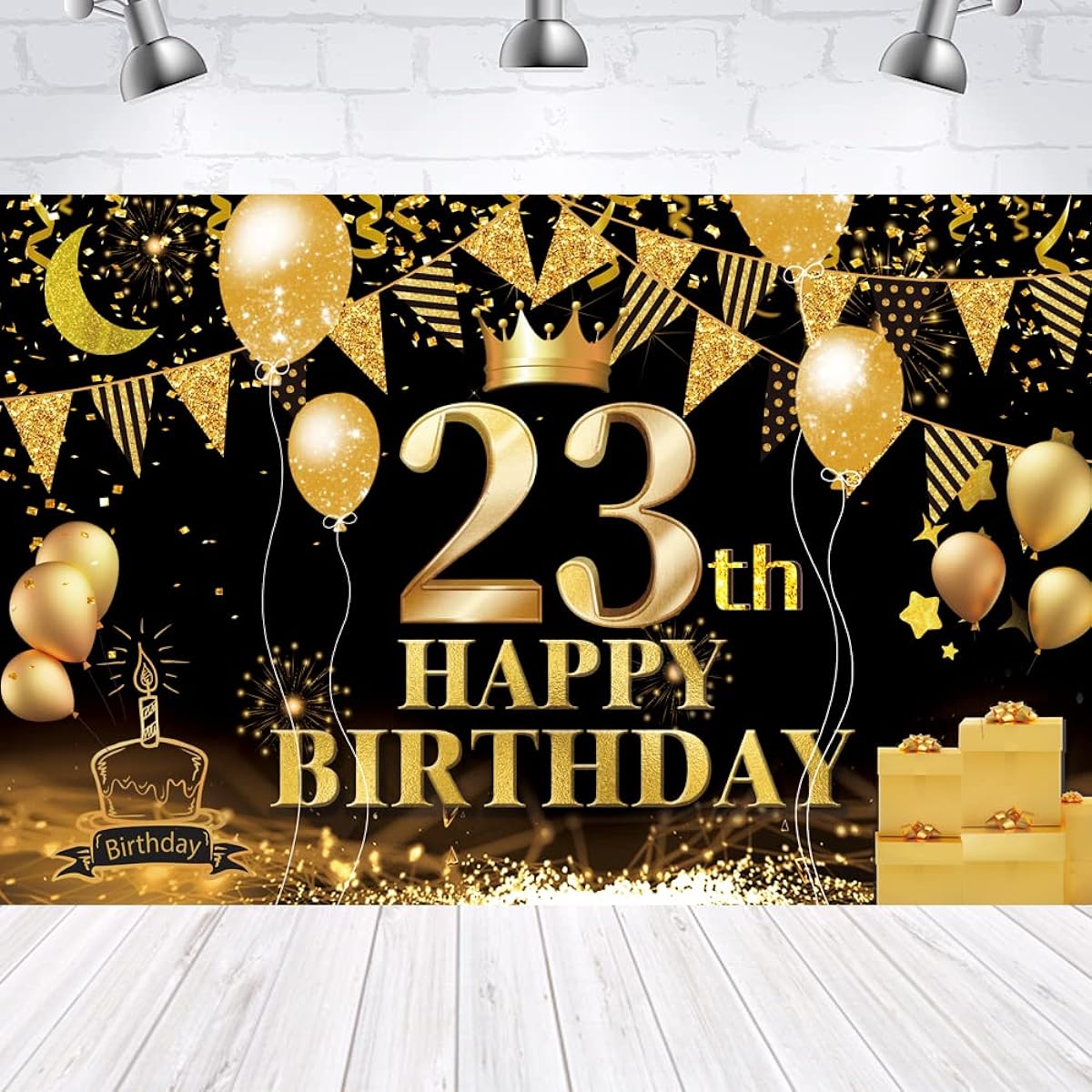 Happy 23th Birthday Backdrop Banner Black Gold 23 Years Old Sign Poster 23rd Birthday Party Supplies Anniversary Photo Booth Photography Background Birthday Party Decorations 72.8 x 43.3 Inch