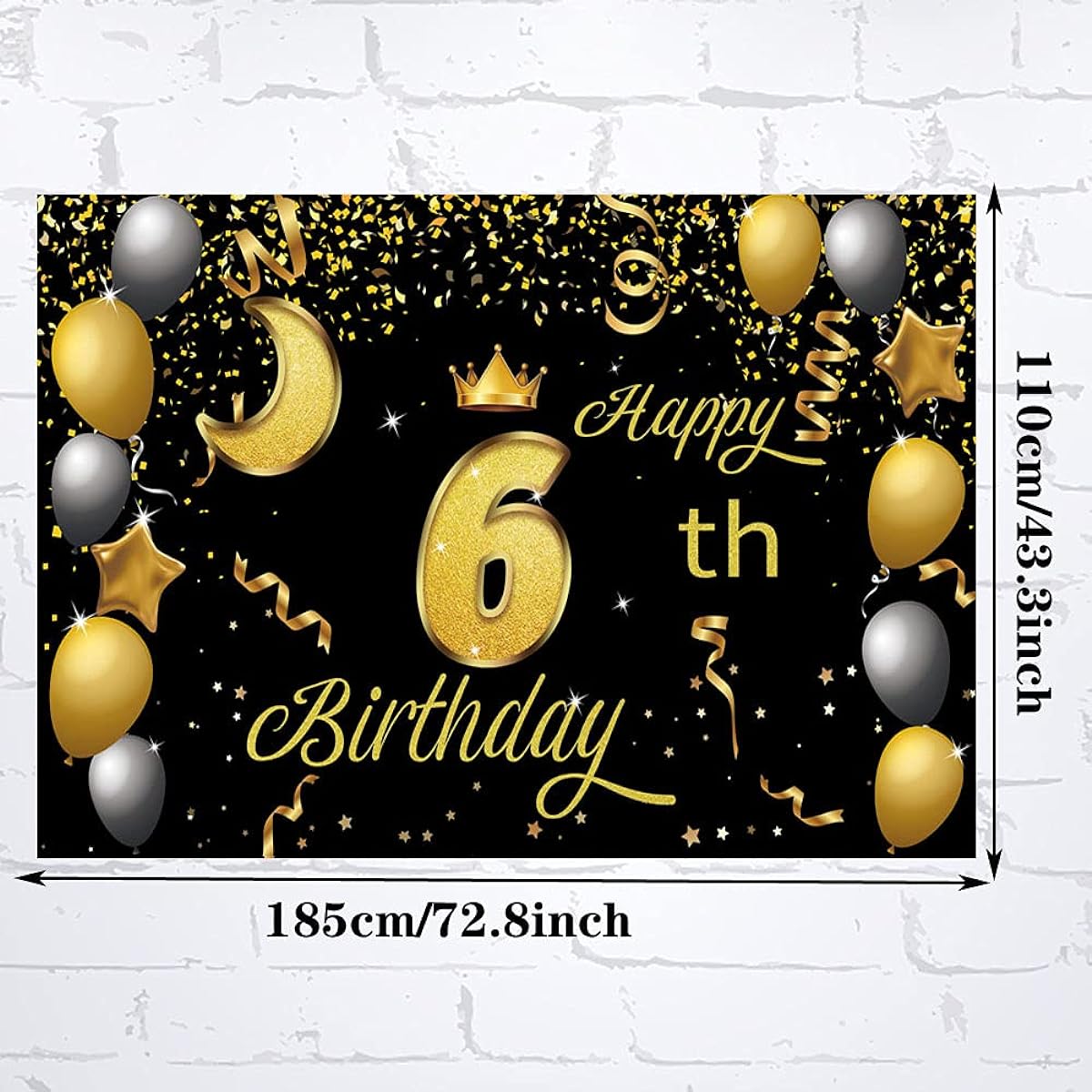 Sweet Happy 6th Birthday Backdrop Banner Poster, 6th Birthday Party Decorations, 6th Birthday Party Supplies, 6th Photo Background for Girls, Boys, Women, Men, Black, Gold, 72.8 x 43.3 Inch