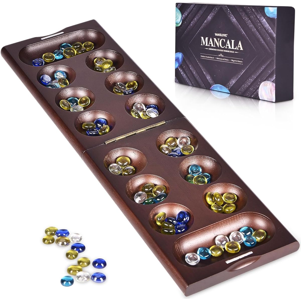 VAMSLOVE Wooden Mancala Board Game with Magnetic Lock / 48+8 Extra Multi-Colored Glass Stones Foldable Mancala Set for 2 Players Ages 6+ (Instructions Included)