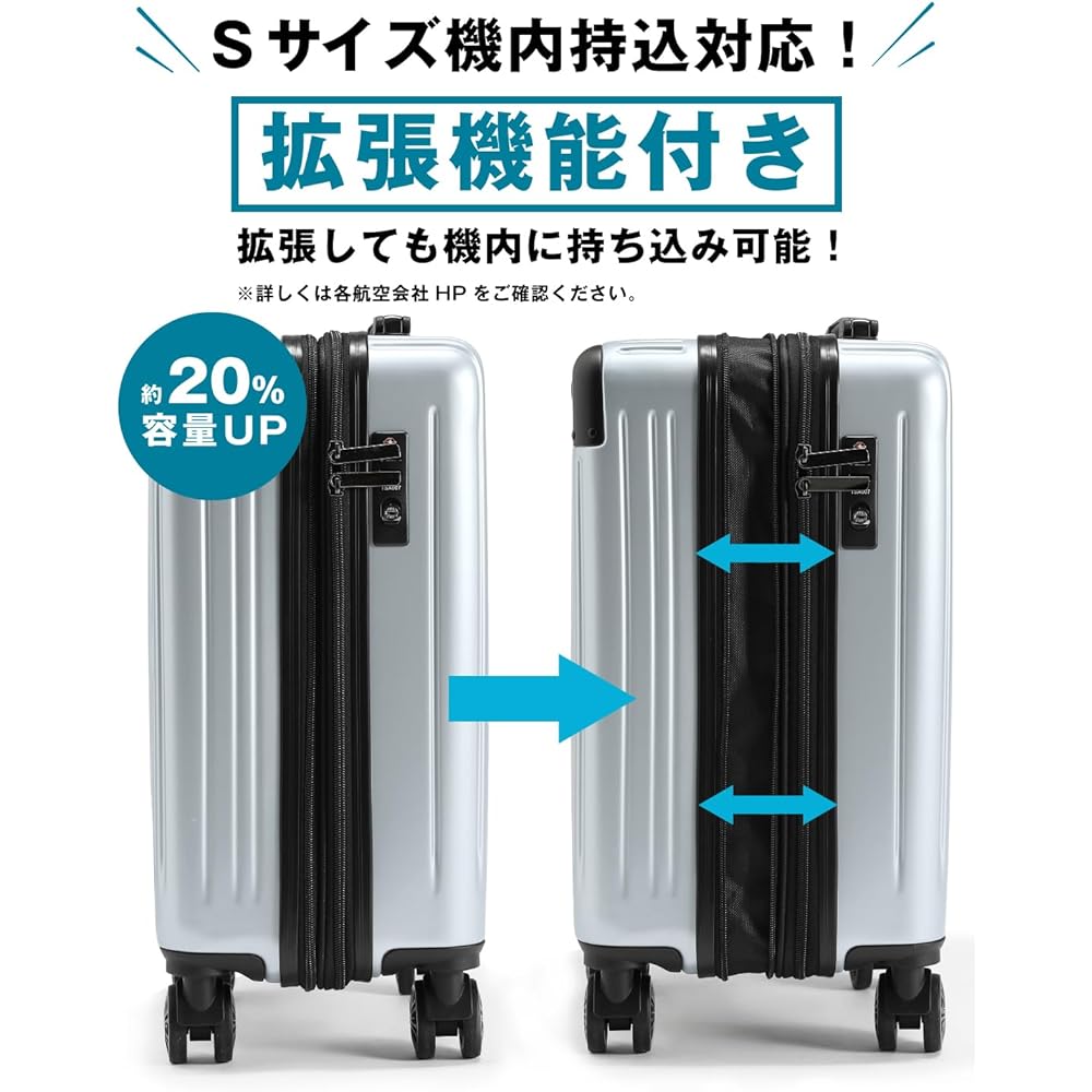 HOME COCCI Suitcase Carry Case Carry-on Ultra Light Shockproof ABS+PC Large 360 Degree Rotation Quiet Double Casters TSA Lock Included Travel Business Trip Domestic Travel Overseas Travel S Size 1-3 Nights Silver