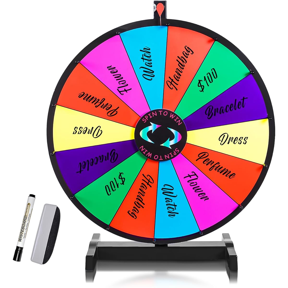 iElyiEsy 24" Spinning Prize Wheel of Fortune 14 Slot Spinner Wheel for Prizes with Stand, Dry Eraser and Marker Pens for Trade Show Carnival