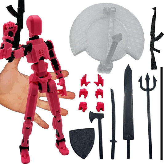 QAONIE 3D Print Expanded Body Size 8.1 Inch Action Figure Dummy 20, Full Body Mechanical Movable Toy, Multiple Accessories, Desk Decoration (Bracket, 3 Needle Type, Weapon, Armor) (Pink)
