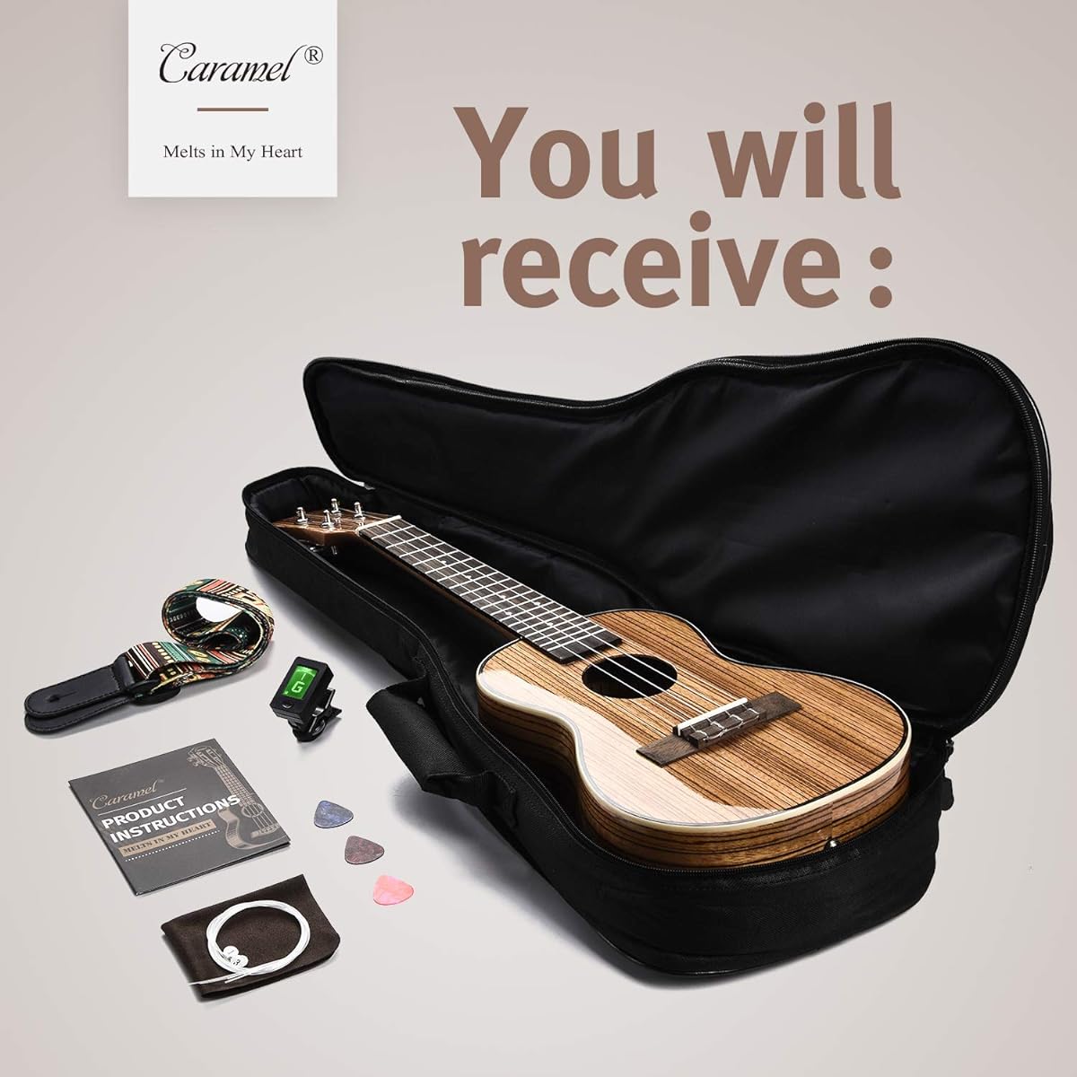 Caramel 23" CC103A Zebra Wood High Gloss Concert Ukulele Beginner Professional Ukulele Ukalary Gig Bag Strap Kit