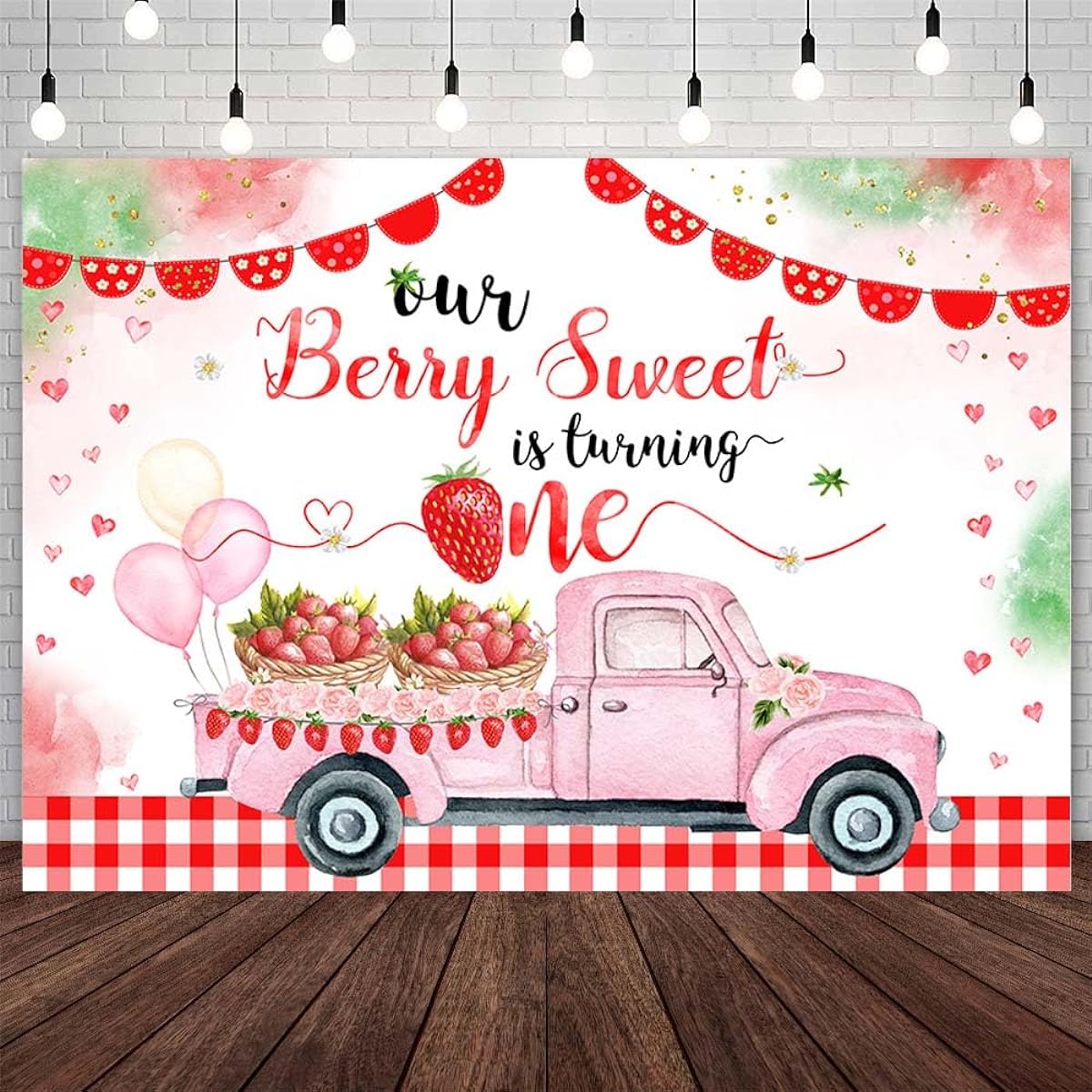 AIBIIN 7x5ft Strawberry 1st Birthday Backdrop Our Berry Sweet is Turning One Birthday Party Decorations Berry Sweet First Birthday Party Banner Photo Studio Props