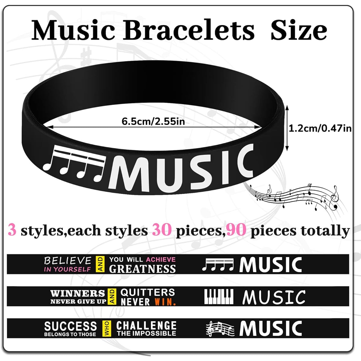 Piano Notes Silicone Bracelet Music Inspirational Bracelets Piano Notes Theme Party Supplies Music Party Favors Music Gifts Piano Recital Gifts for Music Students Teachers Musicians 3 Styles 90 Pieces