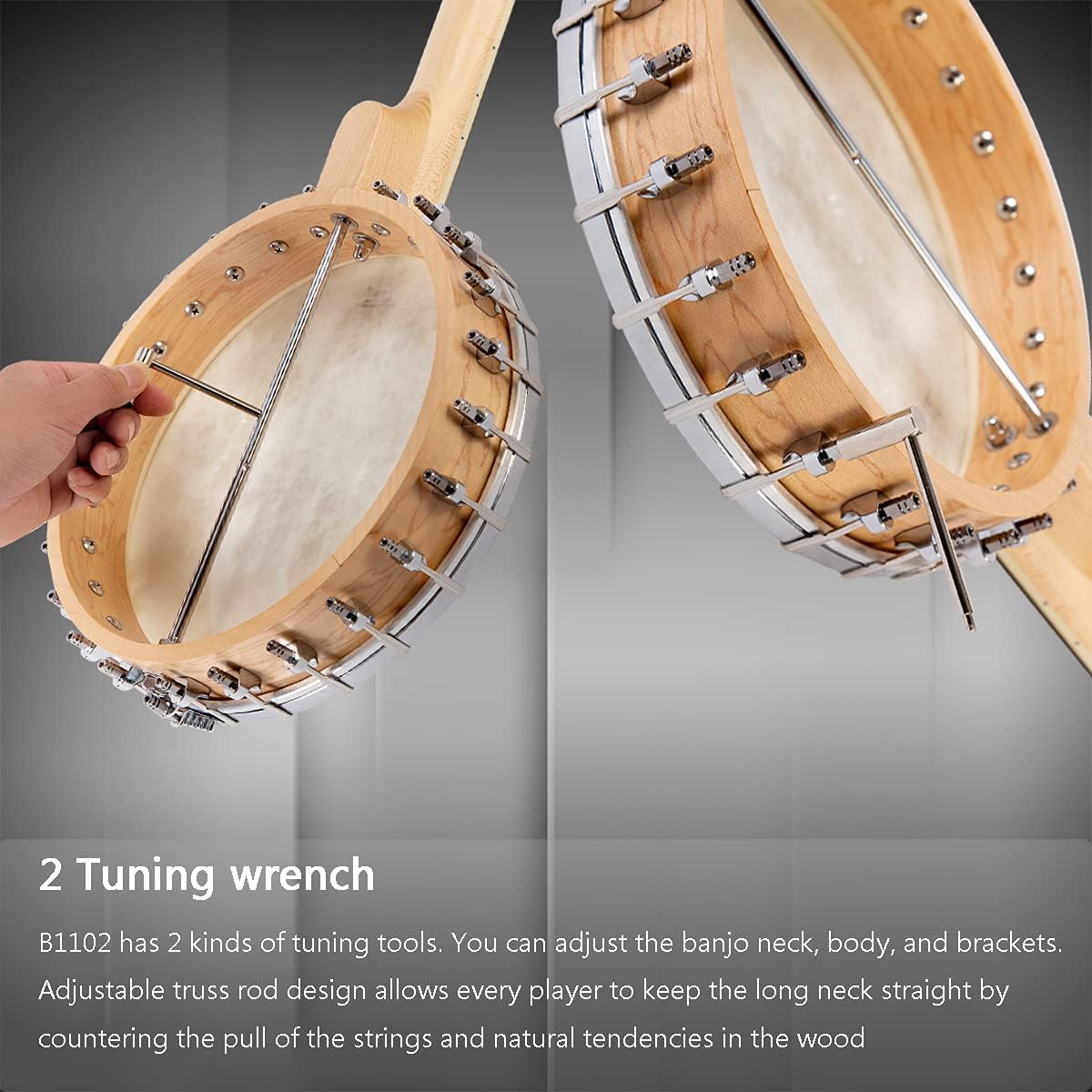 Mulucky 5 String Banjo Full Size with 24 Brackets Open Back Maple Banjo with Remo Head Geared 5th Tuner Gift Package with Beginner Kit - B1102