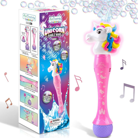 ArtCreativity Light Up Unicorn Bubble Blower Wand, 14" Illuminated Bubble Blower Wand with Thrilling LED & Sound Effects for Kids, Bubble Fluid, Batteries Included, Gift Idea, Party Favors