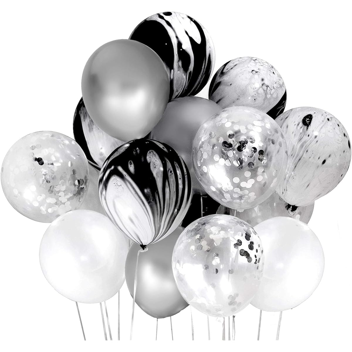 Mayen 50pcs 12inch Black Silver White Balloon Set Black Marble Balloons Silver Metallic Chrome and Silver Confetti Balloons Black and Silver Birthday Party Decorations Party Supplies