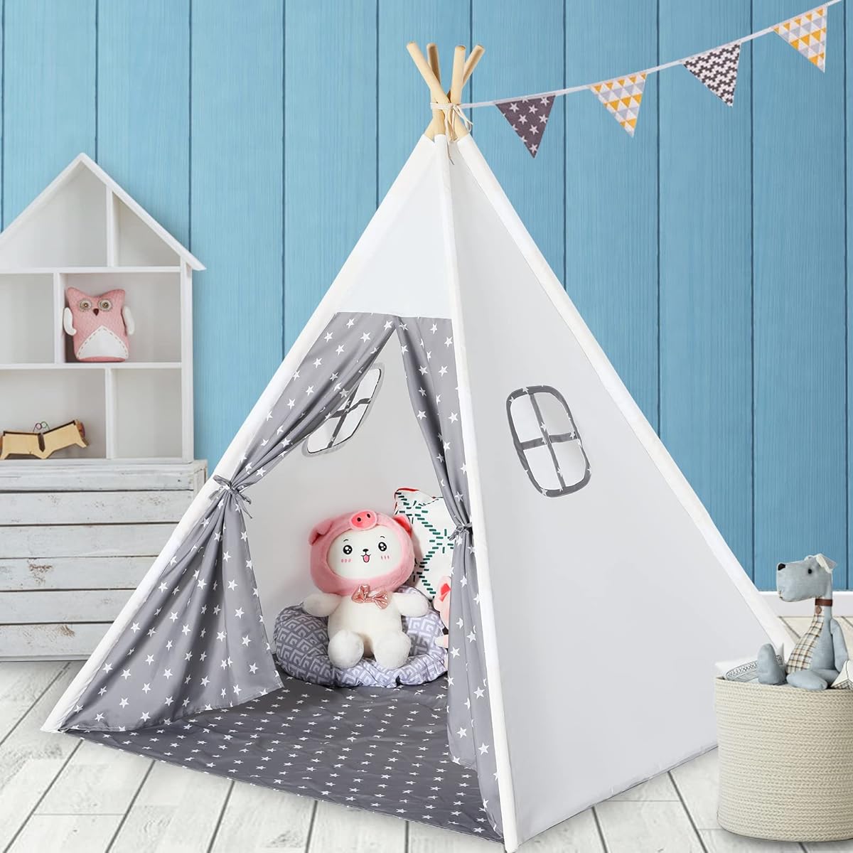 SISTICKER Children's Teepee Tent with Cute Gray Star Pattern - Kids Gifts for Girls and Boys Children's Toys Foldable Large Playhouse for Indoor and Outdoor Use